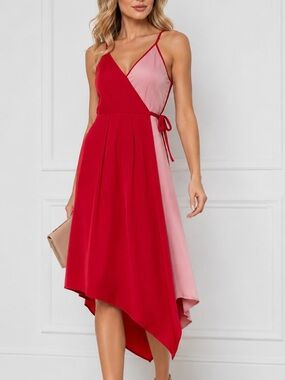 BCBG Generation Red & Blush Asymmetrical Wrap Midi Dress Size 0